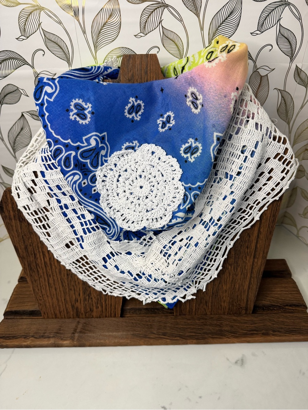Blue Gradient Up-cycled Bandana Scarf with White Crochet Trim